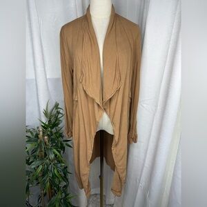 ELODIE Linen Blend Draped Open Front Cardigan in Tan Sz Small